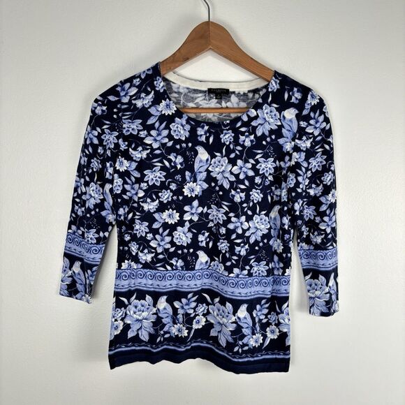 Talbots India Ink Medallion Bird Toile Sweater 3/4 Blue Sleeve Size Petite - Picture 2 of 6